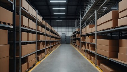 Item storage in a modern warehouse. Cardboard boxes are tidily organised on rack.