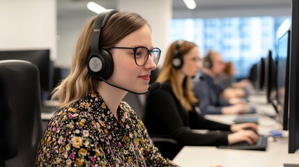 Young Woman Wearing Headset Working on Computer in Office