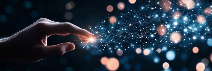 Poster - The hand of a woman touching the metaverse universe, a conceptual for the next generation of technology.