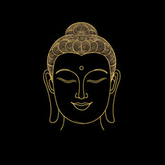 Wall Mural - Golden Buddha head logo, simple line art with golden details on a black background