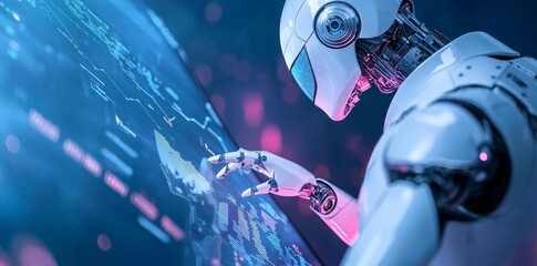Fototapete - An android robot pointing to the screen with a finger gesture. Computer coding AI chatbot in a futuristic technology stock image. Computer programming knowledge concept.