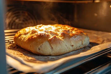 A Freshly Baked, Golden Brown Loaf of Bread is Gently Rising in the Oven Right Now