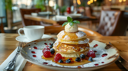 Canvas Print - Delicious Pancakes with Berries and Whipped Cream