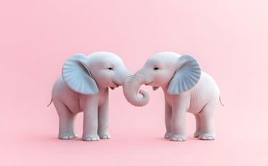 Poster - A delightful pastel-colored elephant couple stands close together on a soft pink background, showcasing a minimalistic design perfect for kids' fashion inspiration