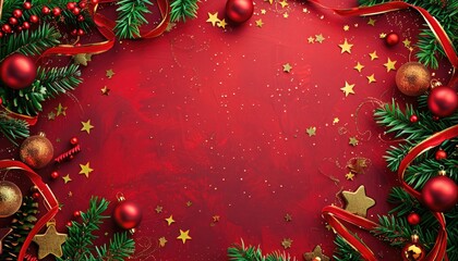 Red Christmas Background with Ornaments, Pine Branches, and Gold Stars