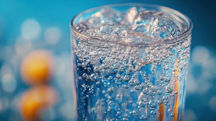 Close-up of a glass filled with sparkling water and bubbles, capturing the refreshing and fizzy texture of carbonated drinks, representing hydration, freshness, and a cool beverage.