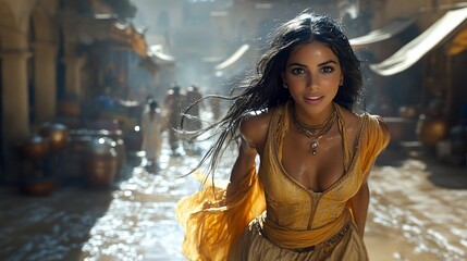 A beautiful woman in a yellow dress walks through a bustling marketplace.