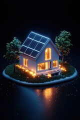 A glowing miniature house with solar panels, surrounded by trees and illuminated pathways, creating a cozy, modern aesthetic at night.