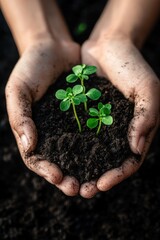 Wall Mural - A pair of hands gently holds young green plants in rich soil, symbolizing growth, nurturing, and a connection to nature.