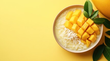 Wall Mural - A bowl of creamy rice topped with fresh mango and coconut on a bright yellow background.