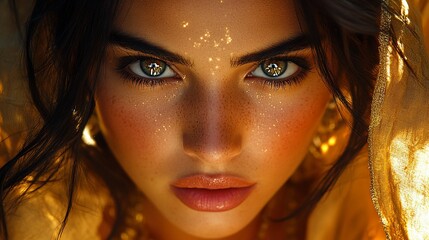 Poster - A close-up portrait of a woman with captivating green eyes and a determined expression. She wears a golden headscarf that adds a touch of mystery and elegance to her appearance.