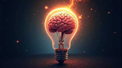 Wall Mural - The brain in a working light bulb on a gray background