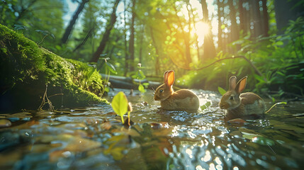 Wall Mural - Adorable Bunnies Playing in a Forest Stream