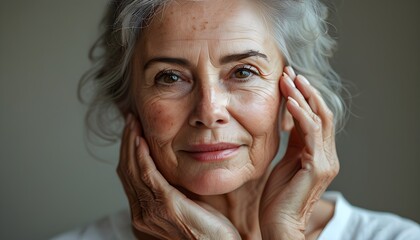 Poster - Elegant portrait of an older woman showcasing natural beauty enhanced by effective skincare and anti-aging cosmetics