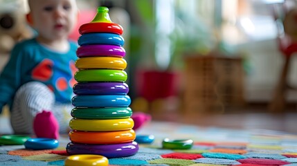 A baby is sitting on the floor next to a stack of colorful blocks