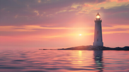 Poster - Lighthouse Sunset Seascape: A Serene Coastal Scene