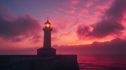 Wall Mural - Lighthouse Silhouette Against Dramatic Sunset Sky