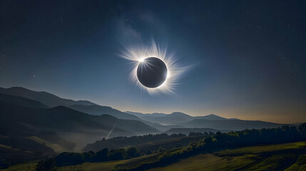 Canvas Print - Solar Eclipse Over Majestic Mountains: A Breathtaking Night Sky Spectacle