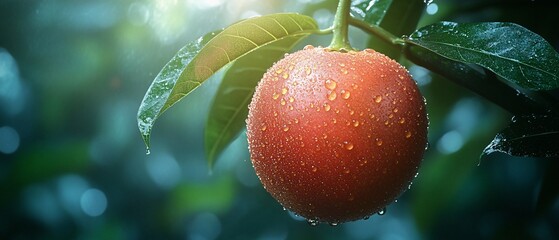 Wall Mural - A red, ripe fruit hangs on a branch, glistening with raindrops in the soft light of the sun.