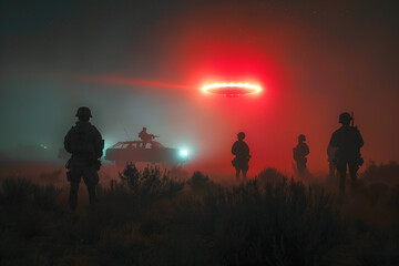 Wall Mural - mysterious ufo encounter and alien abduction with flying saucer generative ai