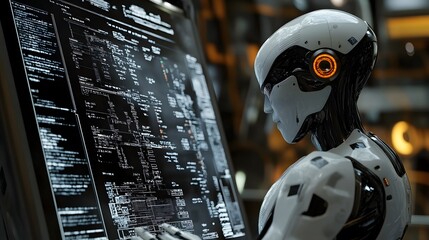 A futuristic white robot examines data on a digital display.