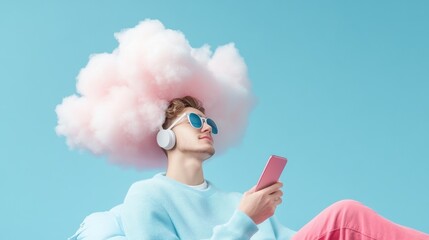 Wall Mural - A person using a smartphone to connect to a cloud based music streaming service, showcasing the accessibility of cloud services.