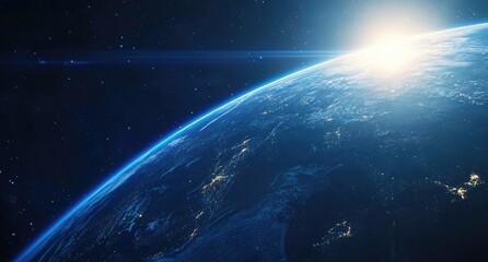 Wall Mural - blue planet earth with sun in space.