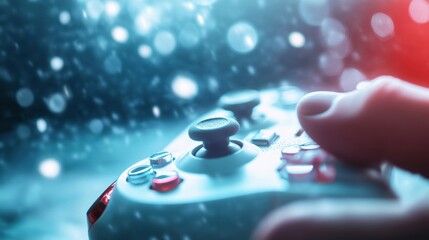 A close up shot of a hand pressing buttons on a gaming controller, with a blurred background of a video game screen.