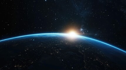 Wall Mural - blue sunrise over the earth in space, with stars and light effects on a black background.