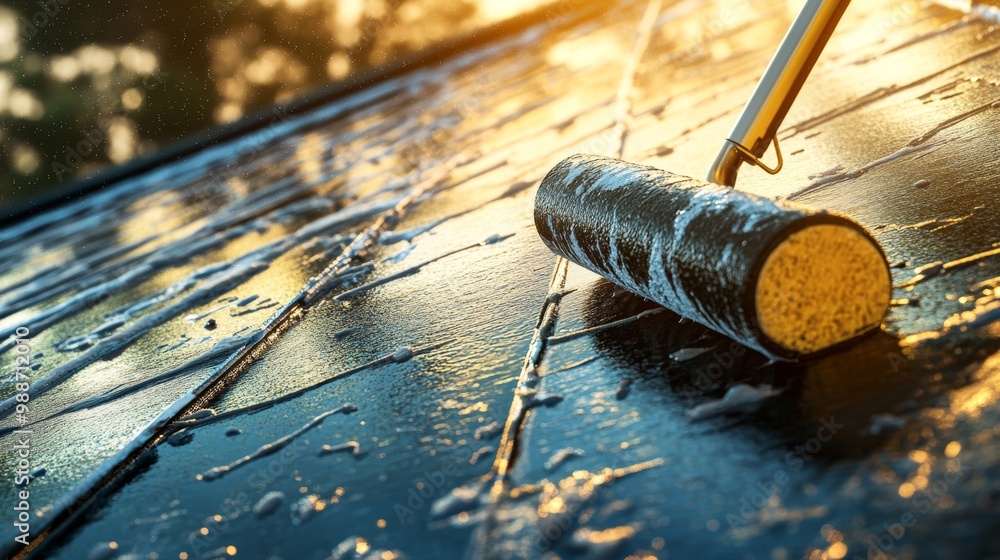 Worker Using Roller Brush to Apply Waterproof Coating on Flat Roof in ...