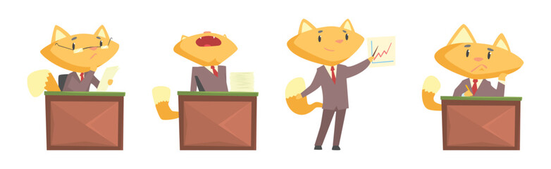 Canvas Print - Ginger Cat Businessman Character in Formal Suit and Tie Vector Set