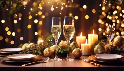 Wall Mural - twinkling christmas lights illuminate table set champagne glasses festive decorations creating joyful holiday atmosphere new year eve celebrations