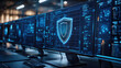 © Mark - Multiple computer screens with glowing digital shield icons in a modern high-tech office. Cyber defense system, advanced data protection, online network security, corporate digital safety.