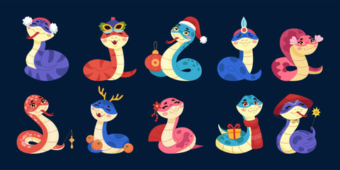 2025 New Year. Snake cartoon character. Cute Chinese animal. Reptile funny icon. Happy viper. Zodiac logo. Asian mascot. Horoscope tradition celebration. Xmas hat. Vector cartoon tidy serpents set