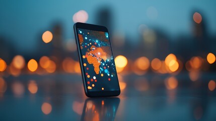 Sticker - A smartphone displaying a global map with connected data points.