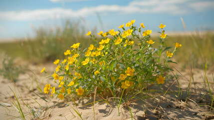 Wall Mural - Vibrant Yellow Wildflowers Blooming in a Sunny Meadow