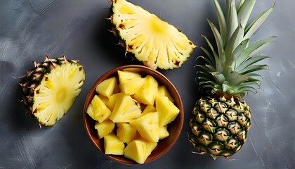 Tropical delight of halved coconut beside a vibrant bowl brimming with juicy pineapple chunks