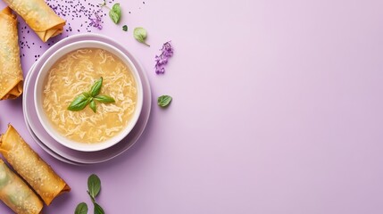 Wall Mural - A bowl of soup with spring rolls on a pastel background, ideal for a meal or snack.