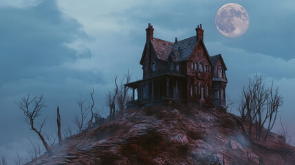 Wall Mural - A haunted house perched on a hill, surrounded by dead trees and an ominous moon in the background.