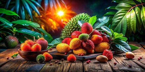 Wall Mural - A rustic wooden table displays vibrant Haitian cachiman fruit, beautifully surrounded by lush tropical leaves,