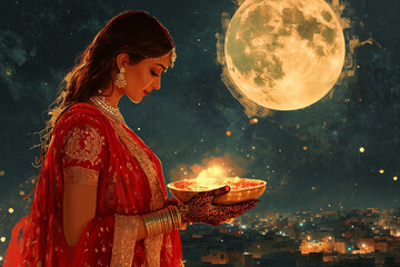 woman observing karva chauth under full moon