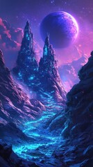 A lone figure walks a path through a mountain range in a glowing, fantastical landscape, under a purple sky with a giant blue moon.