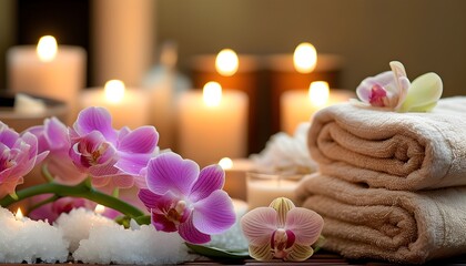 Wall Mural - Serene spa ambiance featuring candles, towels, and delicate orchids in a tranquil atmosphere