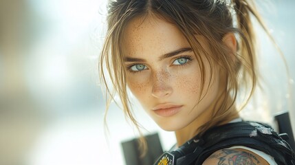 Wall Mural - Close up portrait of a young woman with freckles and blue eyes, looking directly at the camera.