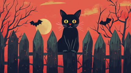 Wall Mural - A black cat is sitting on a fence in front of a fence