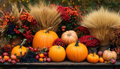 Sticker - Vibrant Autumn Harvest Arrangement with Pumpkins, Wheat, and Berries