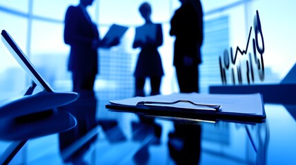 Wall Mural - A close-up of a clipboard on a glass table with three businesspeople silhouetted in the background.