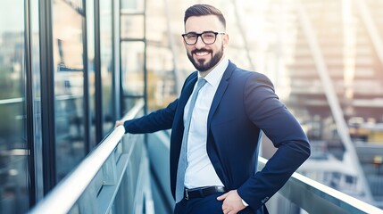 Wall Mural - Smiling businessman in a blue suit leans against a railing on a balcony.