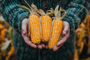 Close up of a female farmer s hands holding fresh ripe corn during autumn harvest in a garden