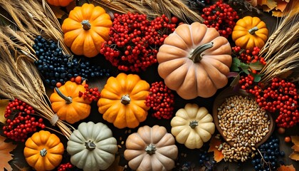 Autumn Abundance: Aerial Perspective of Golden Wheat Fields, Vibrant Pumpkins, and Fresh Berries